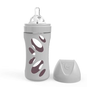 Стъклено шише за бебета против колики Twistshake 260 мл. - сиво