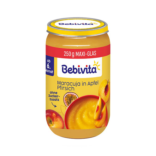 Bebivita Био Плодово Пюре Праскова, ябълка и маракуя 250 гр. – 6+ месеца